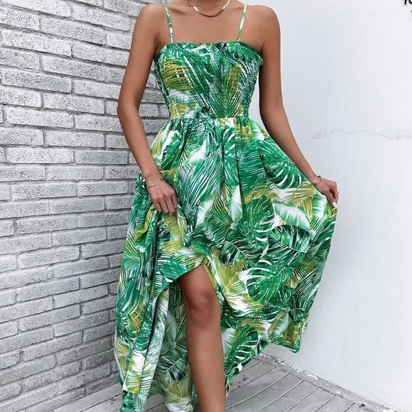 Green Boho Womens Tropical Print Shirred Split Thigh Cami Dress - Picture 5 of 5